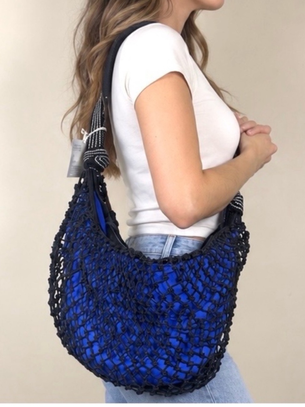 Free People Bag Silver Springs Sling Bag in Dark Navy Black Leather Crochet NWT
